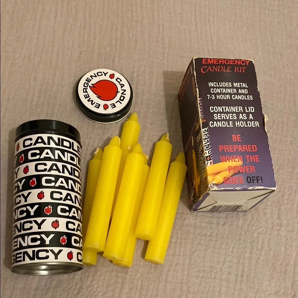 Vintyge Emergency Candle Kit Metal Container with 7 Yellow Candles. New